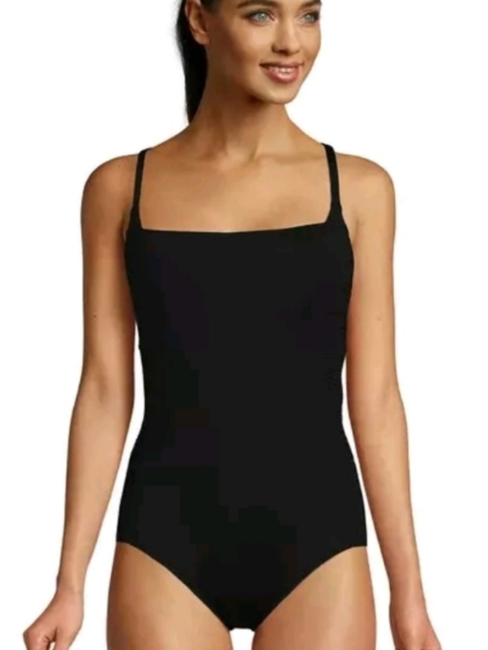 NWT Land’s End Black Square Neck Smocked One-Piece Swimsuit